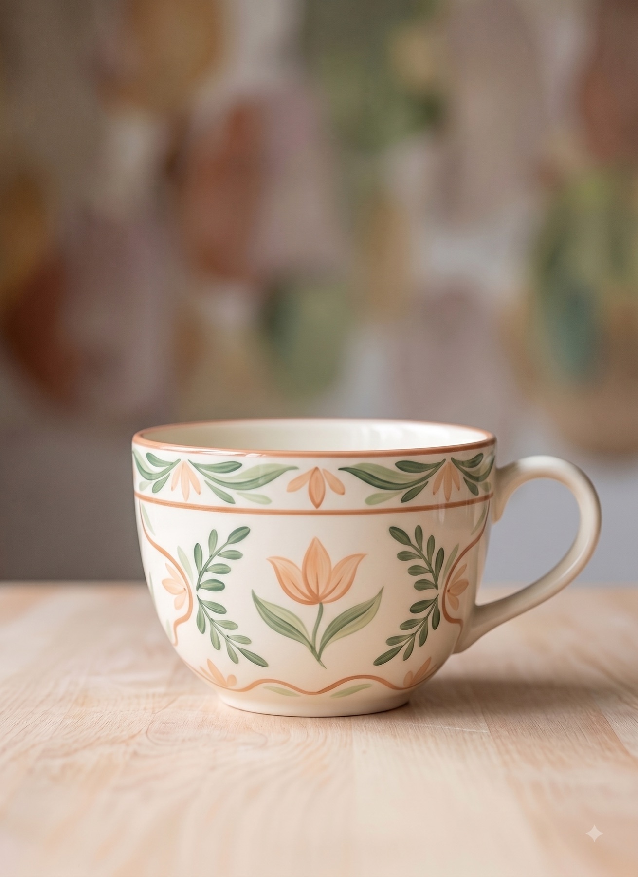 Handbemalte Keramiktasse mit Tulpenmotiv in Terrakotta- und Grüntönen