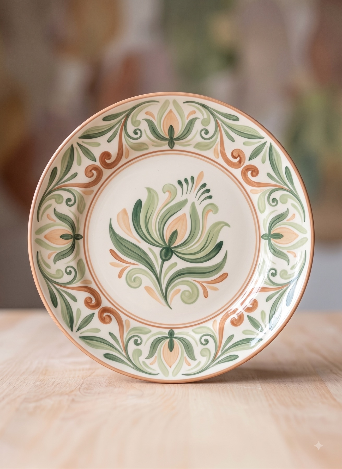 Handbemalter Teller mit grün-orangefarbenem Blütenornament