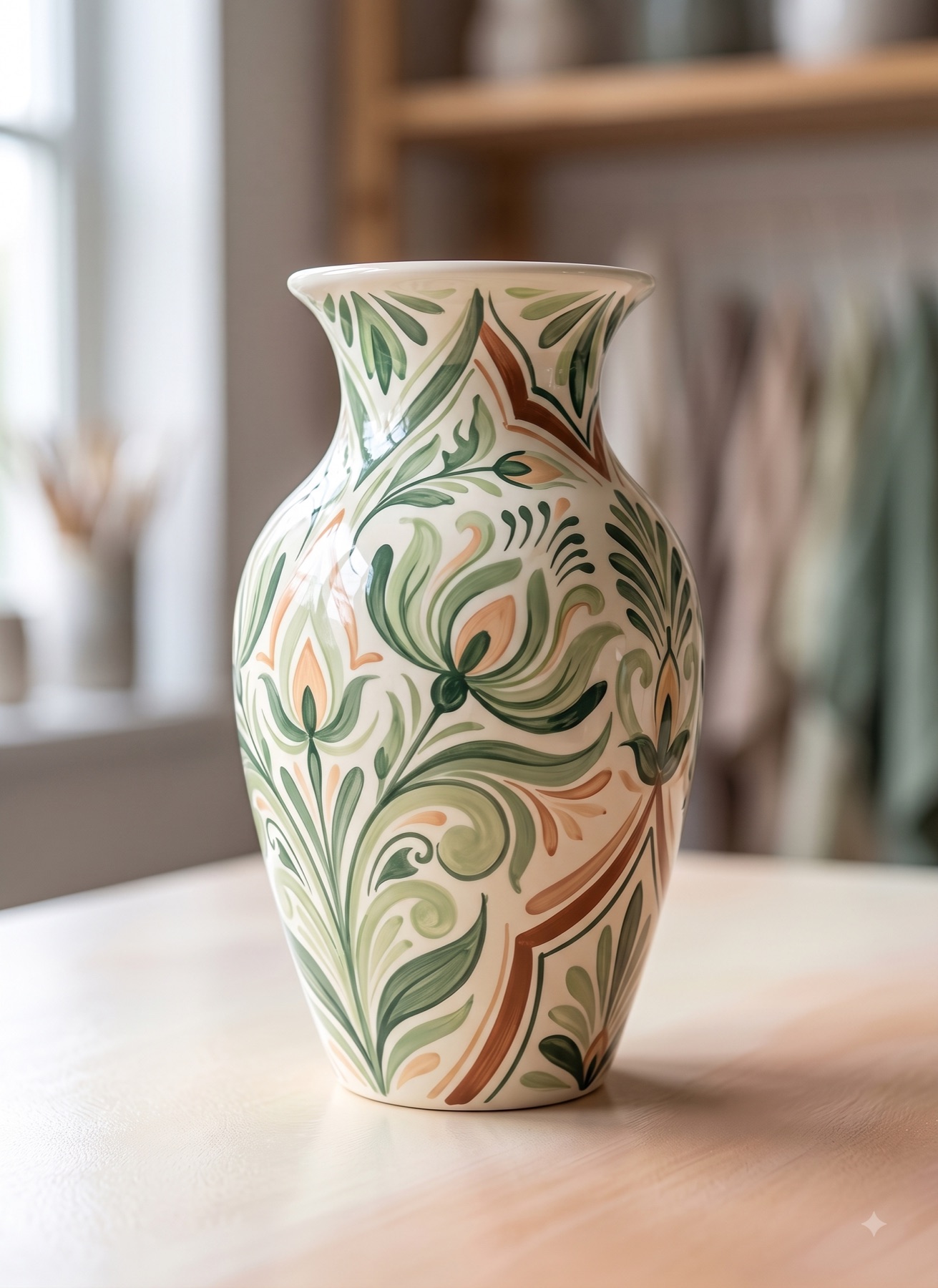 Bemalte Vase mit grünem Blattmuster
